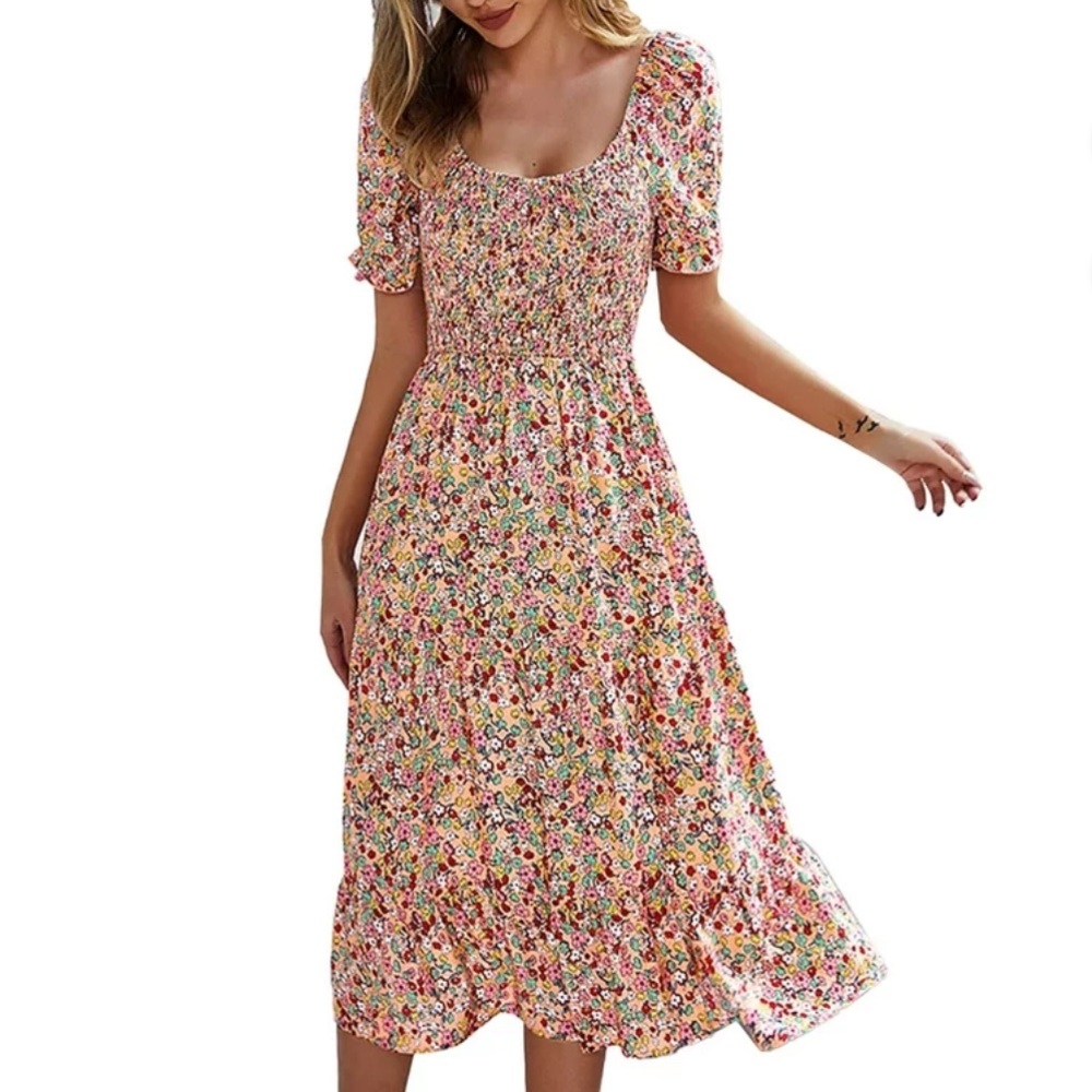 women's summer floral print short sleeve scoop neck midi dress casual boho split